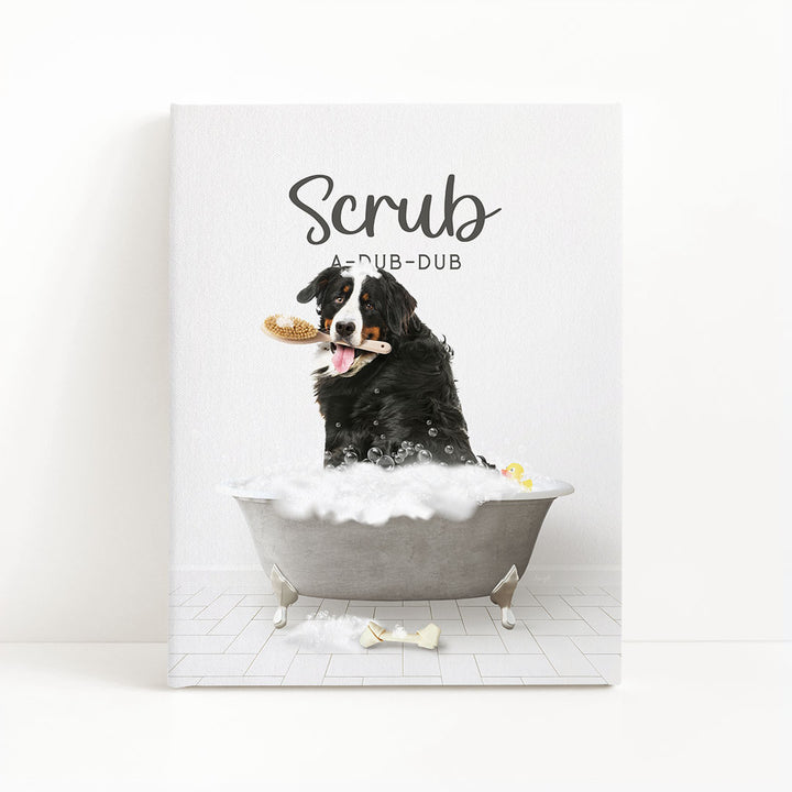 Bernese Mountain Dog Scrub A-Dub-Dub in Simple Gray Bath