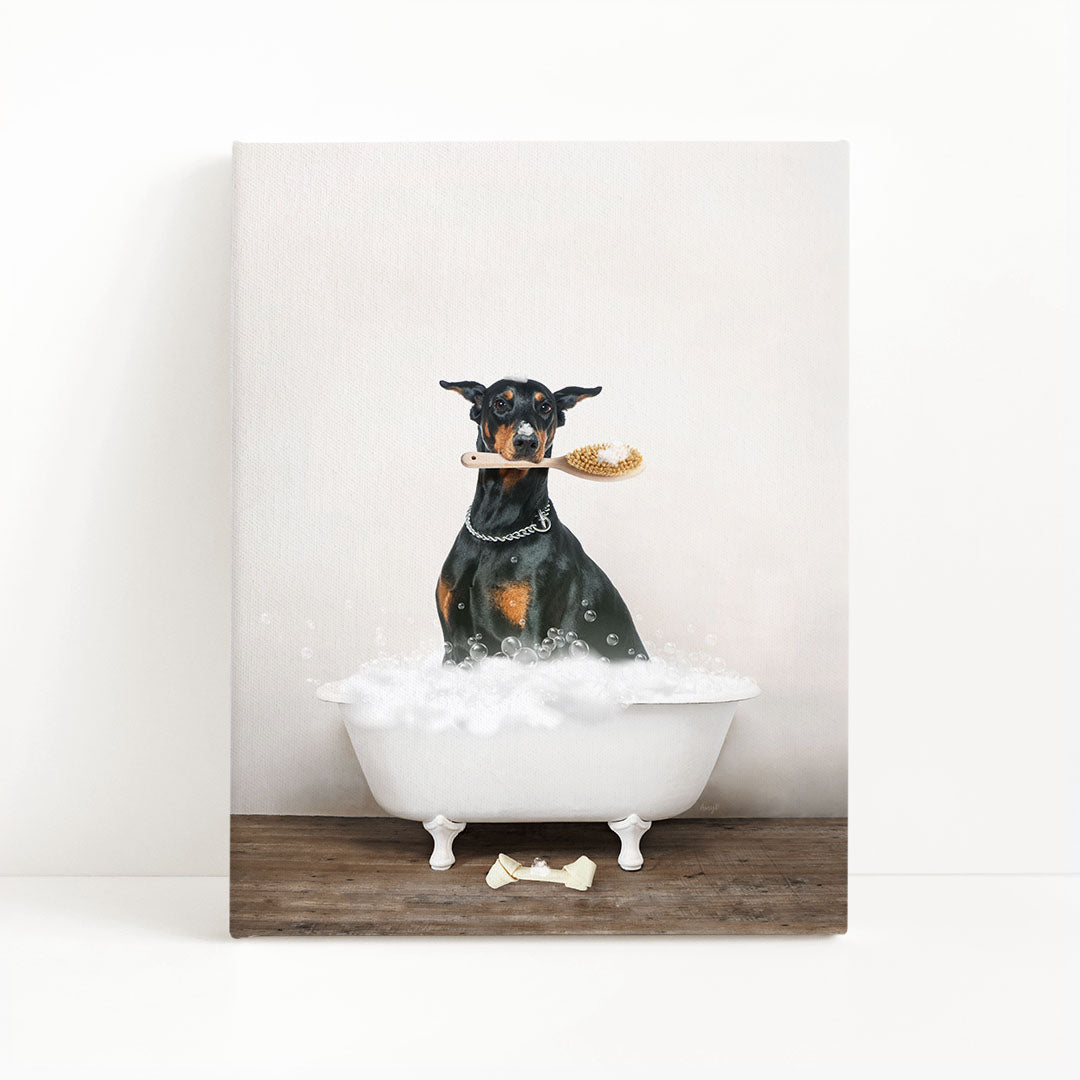 Doberman Pinscher in Rustic Bath Style Lots of Foamy Bubbles