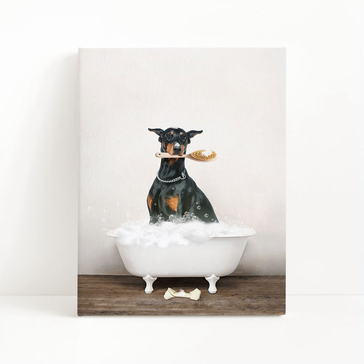 Doberman Pinscher in Rustic Bath Style Lots of Foamy Bubbles