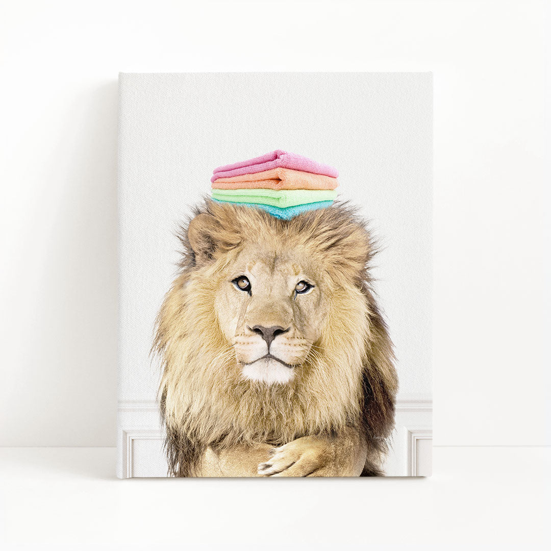 Lion with Folded Towels - Simple White Wall