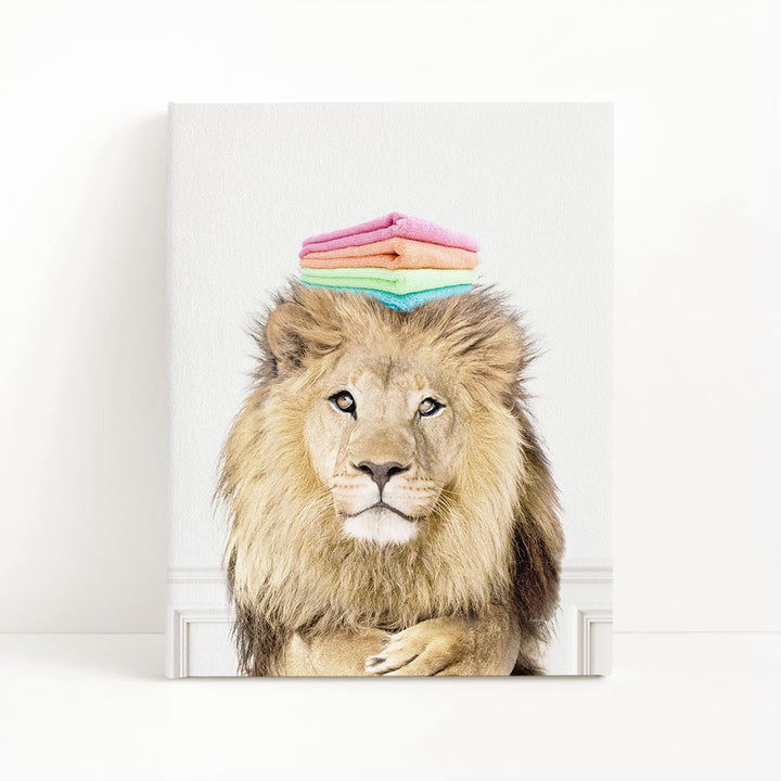 Lion with Folded Towels - Simple White Wall