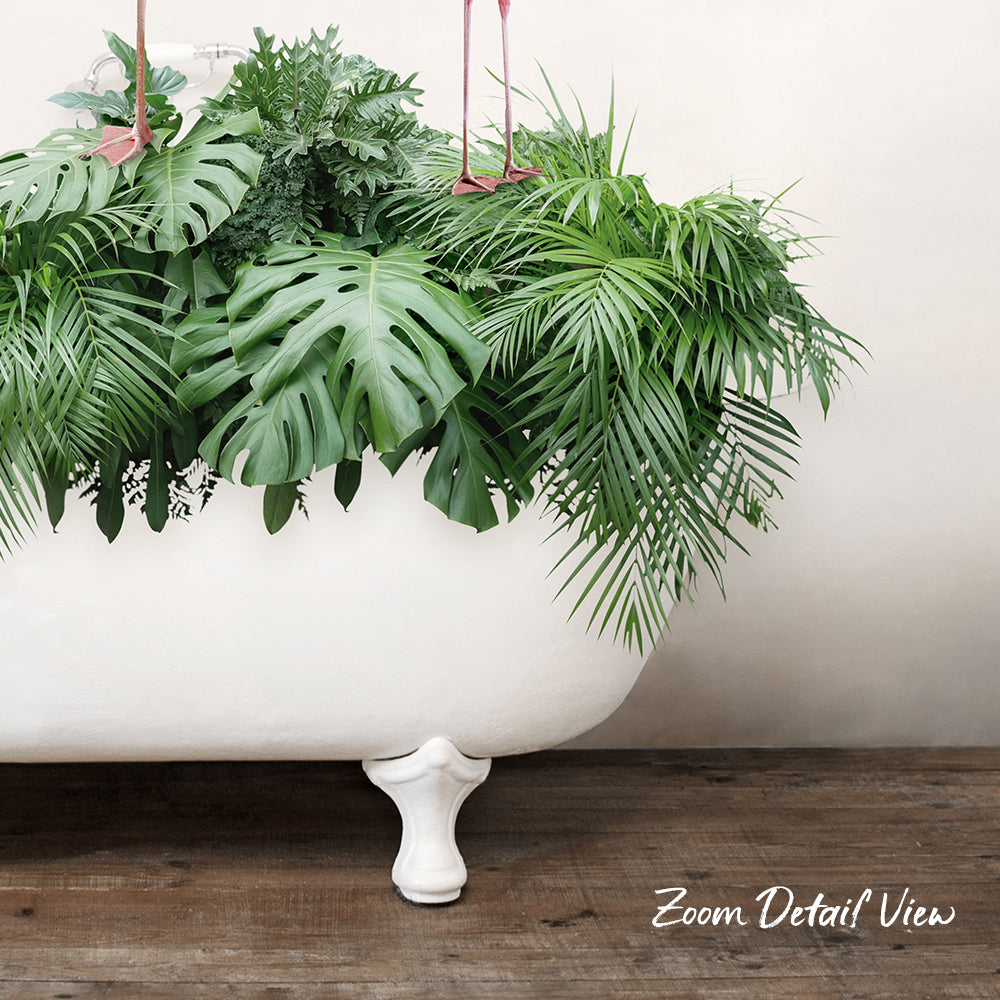 Three Flamingos with Tropical Leaves in Rustic Bath