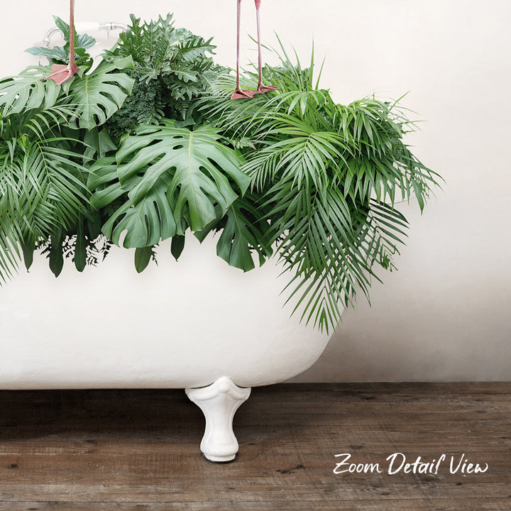 Three Flamingos with Tropical Leaves in Rustic Bath