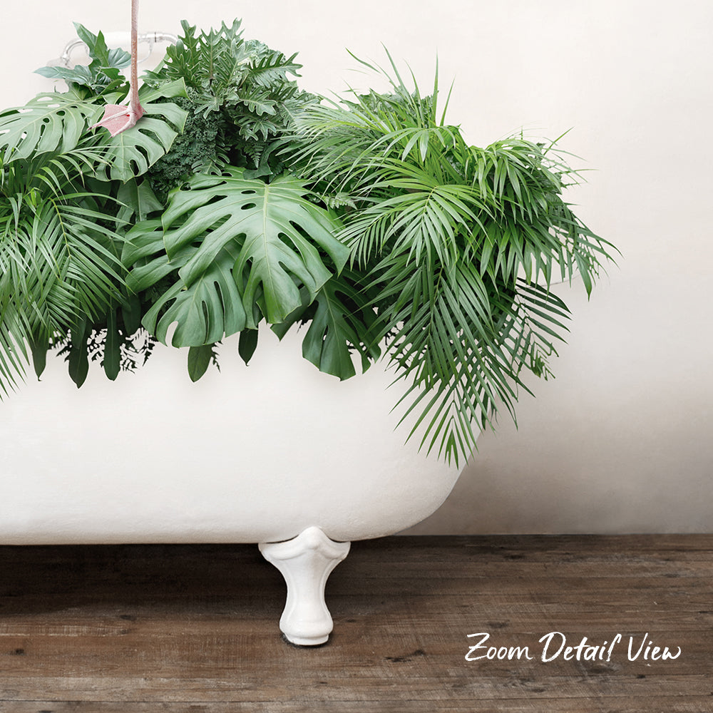 Flamingo on Tropical Leaves in Rustic Bath