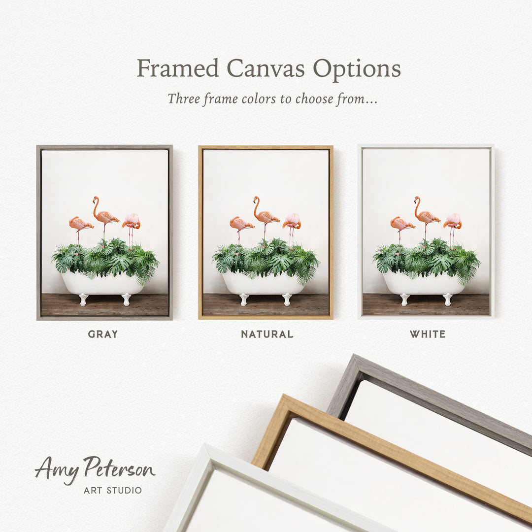 Three Flamingos with Tropical Leaves in Rustic Bath