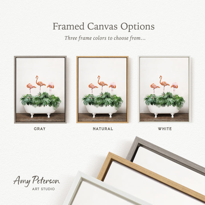 Three Flamingos with Tropical Leaves in Rustic Bath