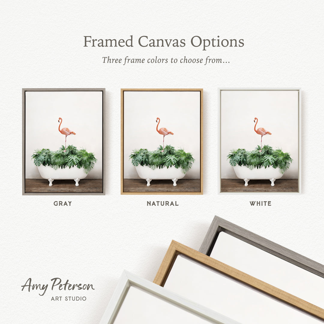 Flamingo on Tropical Leaves in Rustic Bath