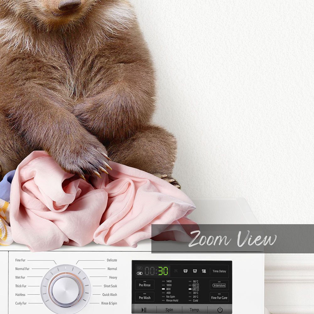 Bear Cub on Laundry Clothes Pile On Washing Machine - Simple White Wall