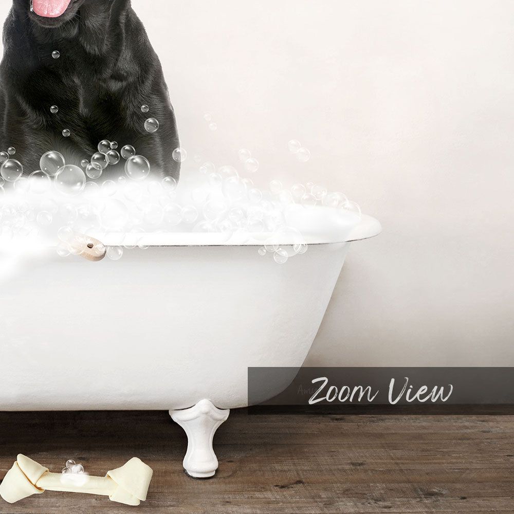 Black Lab in Rustic Bath Style Lots of Foamy Bubbles