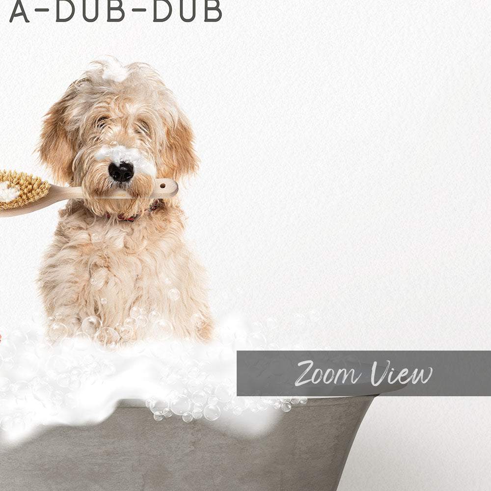 Blonde Labradoodle Scrub A-Dub-Dub in Simple Gray Bath