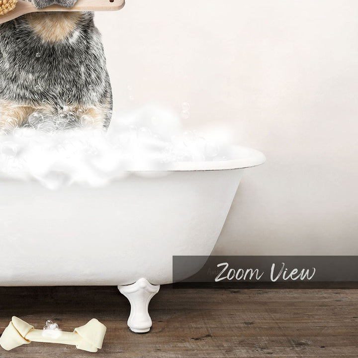 Cattle Dog in Rustic Bath Style Lots of Foamy Bubbles