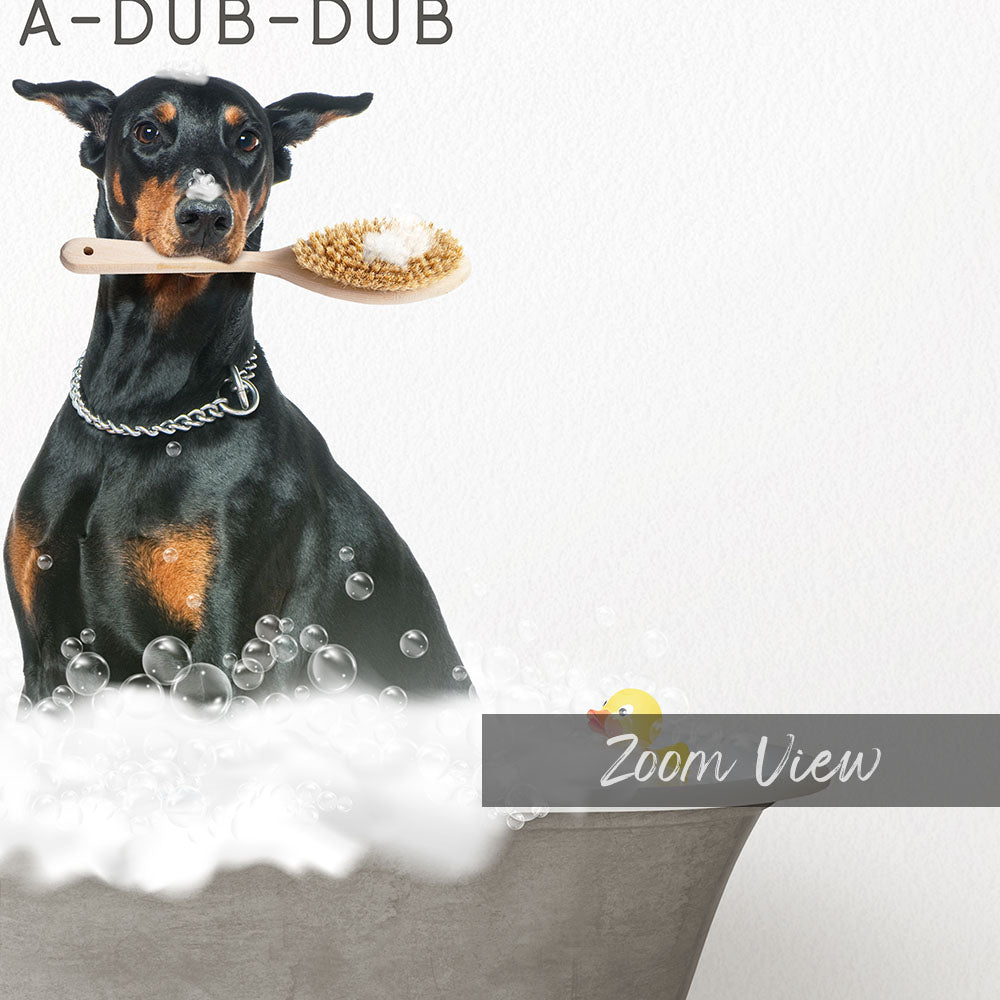 Doberman Pinscher Scrub A-Dub-Dub in Simple Gray Bath
