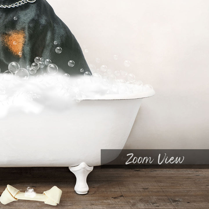 Doberman Pinscher in Rustic Bath Style Lots of Foamy Bubbles
