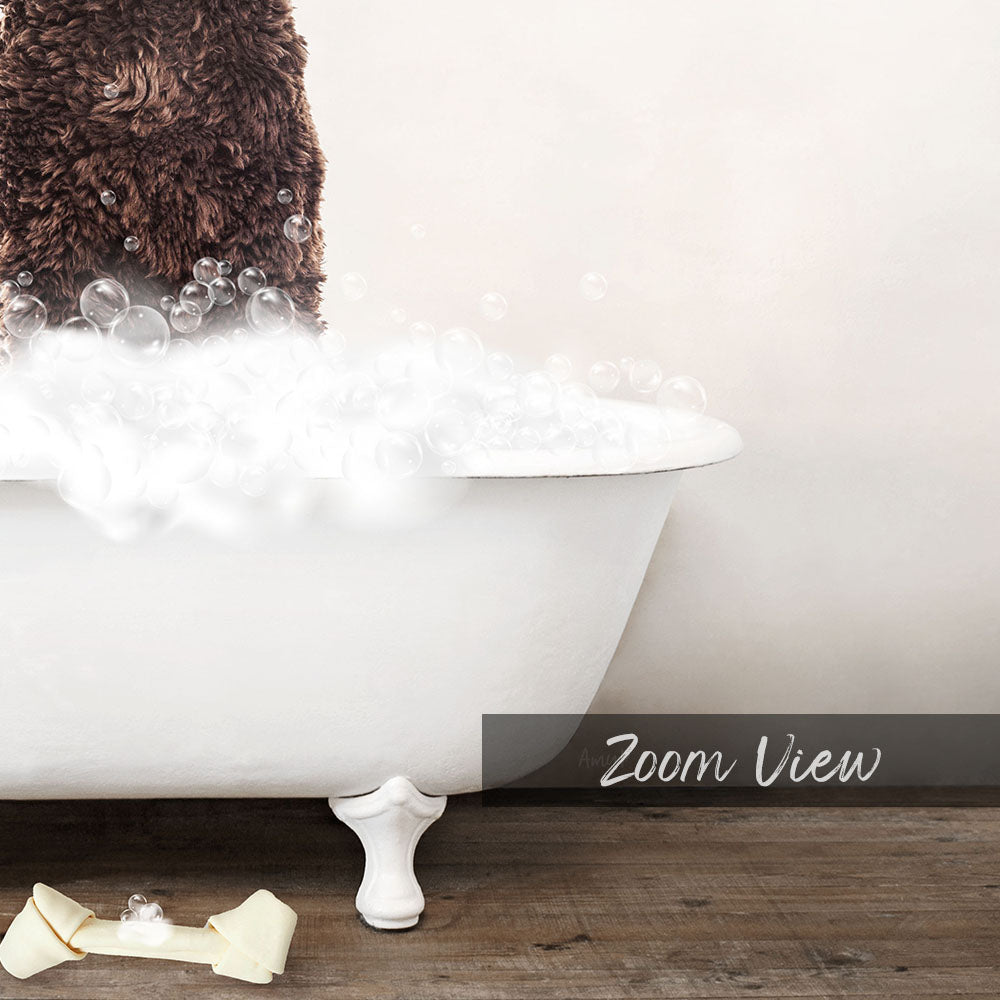 Chocolate Labradoodle in Rustic Bath Style Lots of Foamy Bubbles