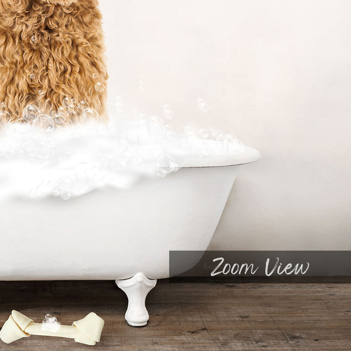 Golden Labradoodle in Rustic Bath Style Lots of Foamy Bubbles