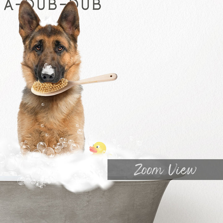 German Shepherd Scrub A-Dub-Dub in Simple Gray Bath