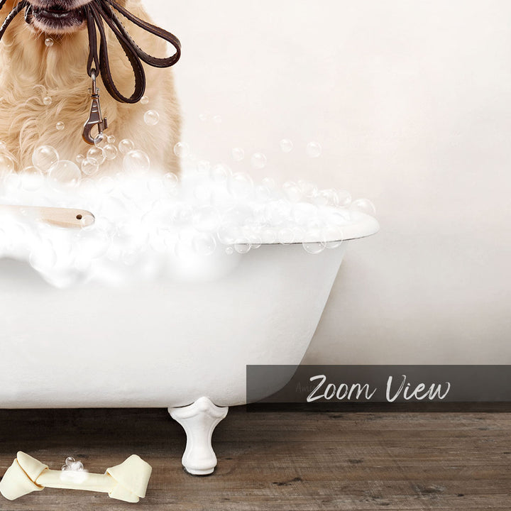 Golden Retriever in Rustic Bath Style Lots of Foamy Bubbles