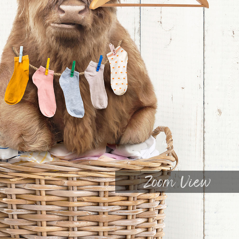 Highland Cow On Laundry Basket with Hangers and Socks "I Herd It's Laundry Day"
