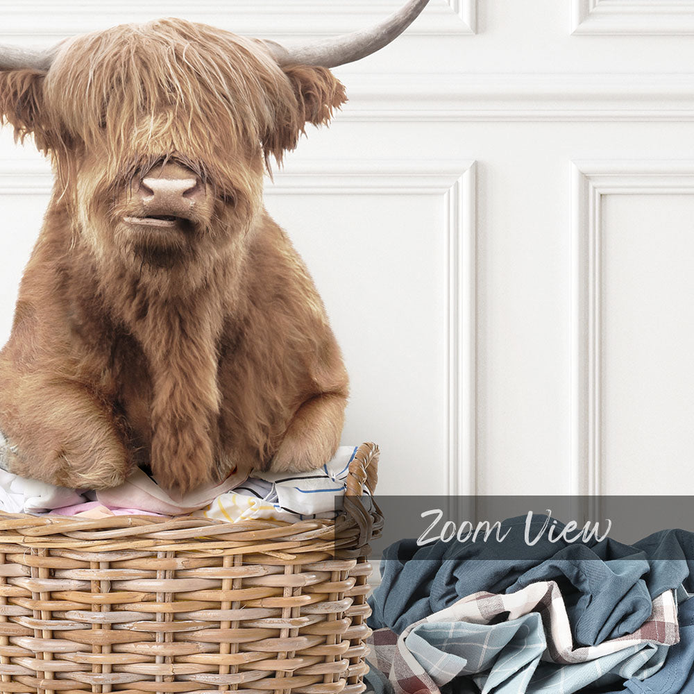 Highland Cow on Laundry Basket with Piles of Clothes - Classic White Floor