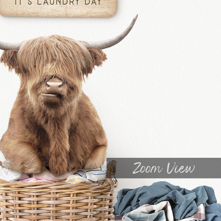 Highland Cow on Laundry Basket with Clothes Pile - Scandi Floor