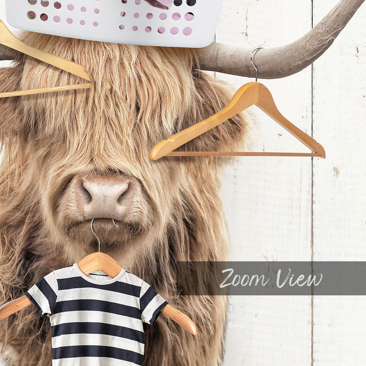 Highland Cow With Laundry Basket On Head and Clothes Hangers - Farmhouse Wall