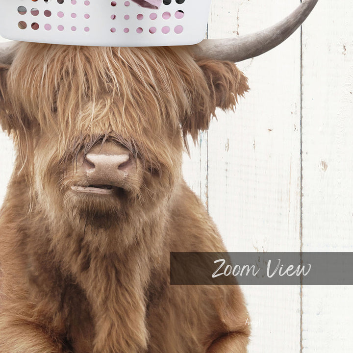 Highland Cow With Laundry Basket On Head - Farmhouse Wall