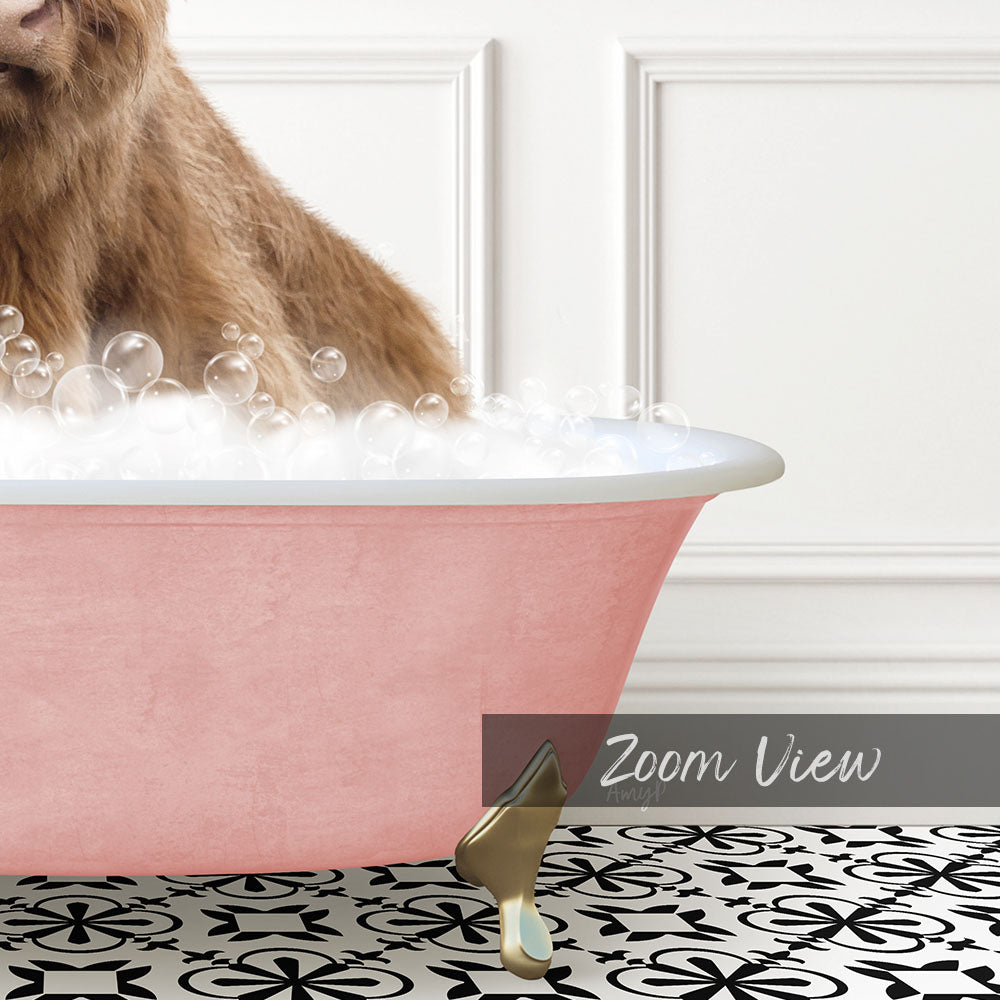 Highland Cow in Stencil Tile with Pink Bathtub Bath