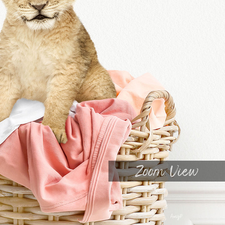 Lion Cub in Laundry Basket - Simple White Wall