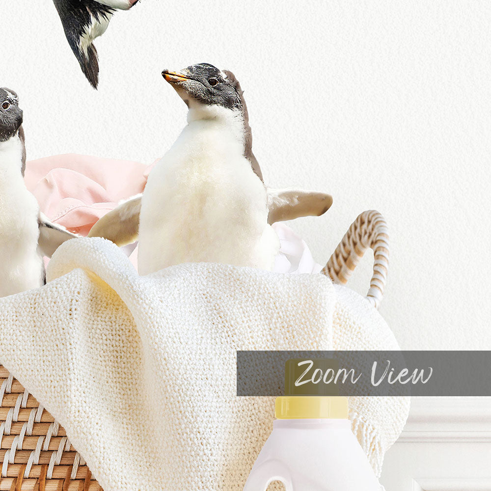 Penguins in Laundry Basket - Simple White Wall
