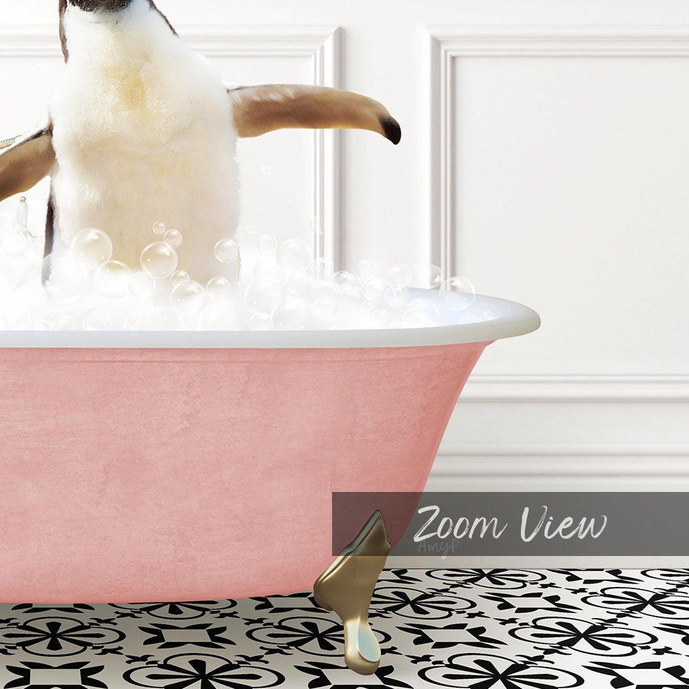 Penguins Playing in Stencil Tile with Pink Bathtub Bath