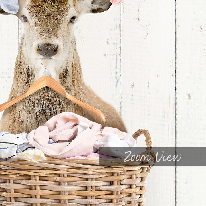 Deer On Laundry Basket with Laundry Socks and Clothes Hanger - Farmhouse Wall