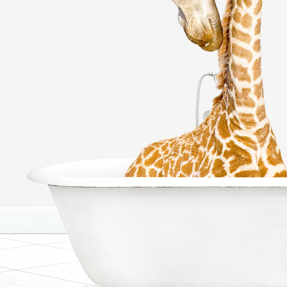 a baby giraffe is in a bathtub with its mother