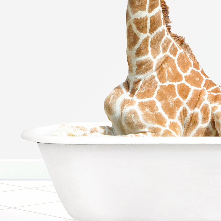 a giraffe sitting in a bathtub with its head sticking out