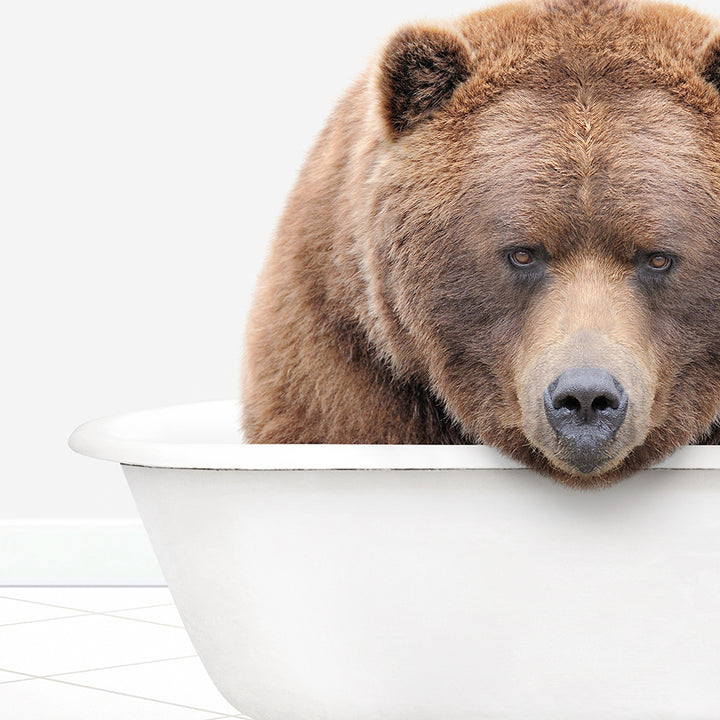 a large brown bear sitting in a bath tub