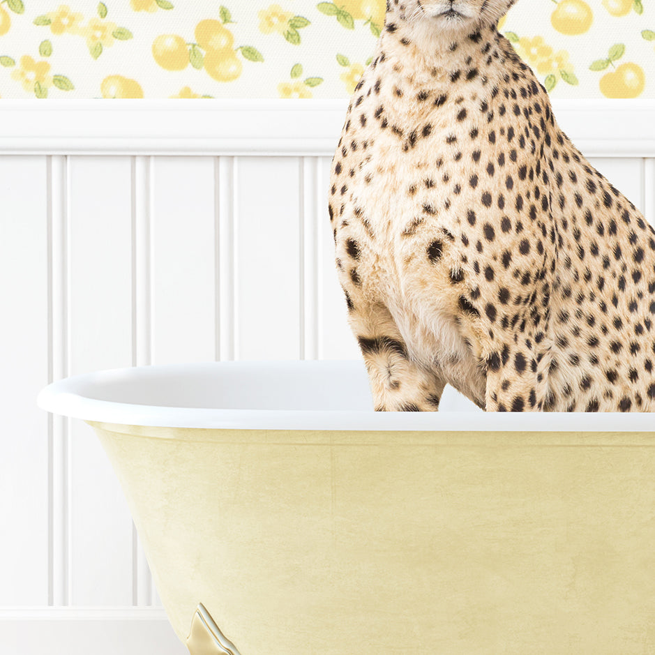 a cheetah sitting in a bathtub in a bathroom