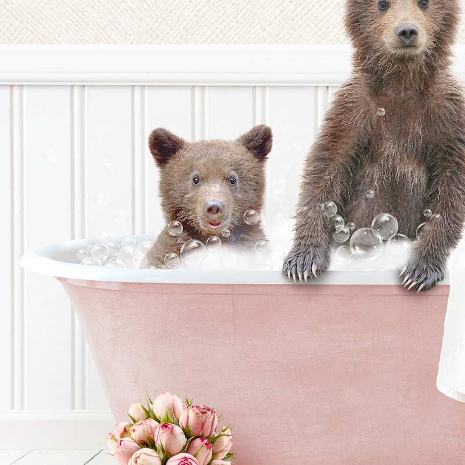 Three Bear Cubs in Cottage Pink Bath