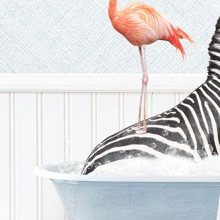 Zebra and Flamingo in Cottage Blue Bath