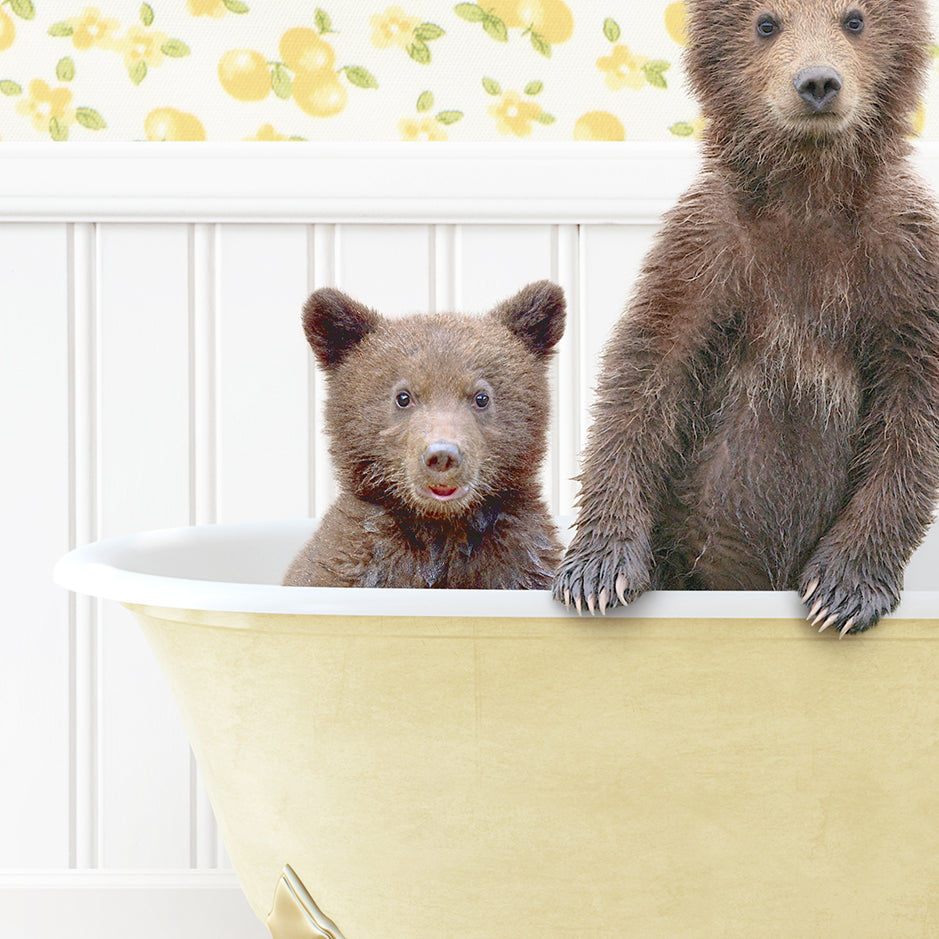 a couple of brown bears sitting in a bath tub