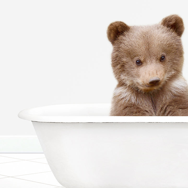 a small brown bear sitting in a bathtub