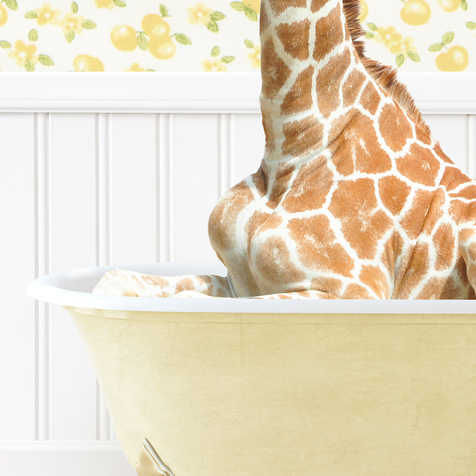 a giraffe sitting in a bathtub with its head sticking out