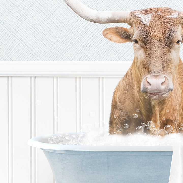 Texas Longhorn Cow in Cottage Blue Bath