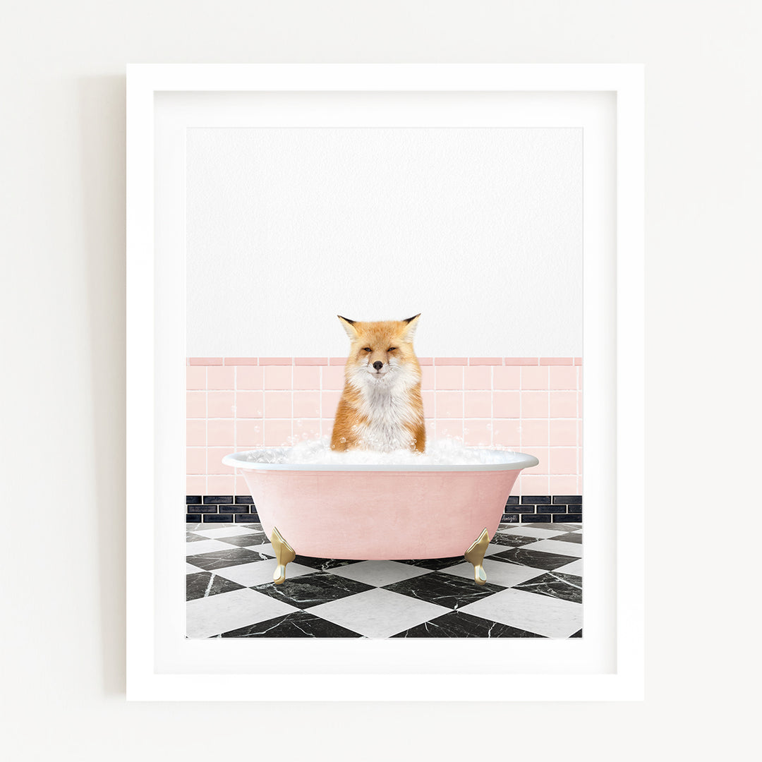 a dog sitting in a pink bath tub