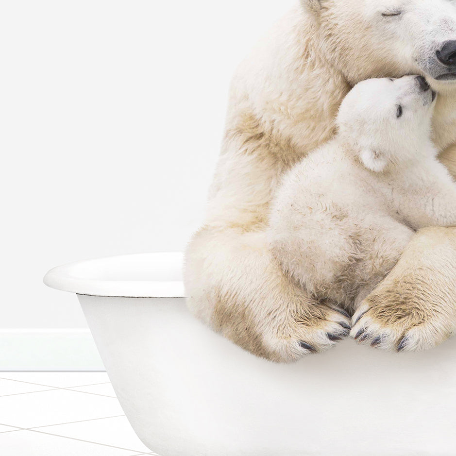 a mother polar bear holding her cub in a bathtub