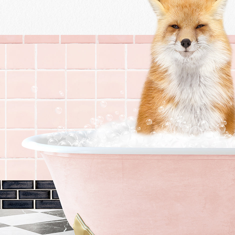 a fox sitting inside of a bath tub filled with bubbles