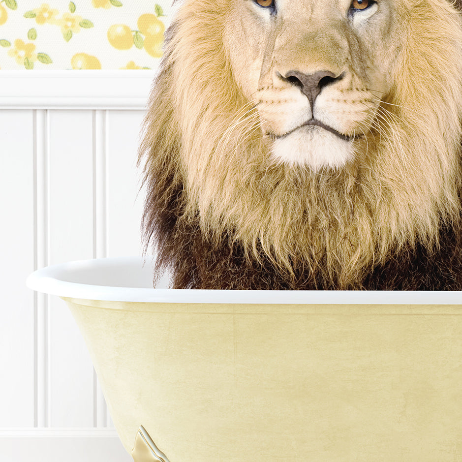 a lion statue sitting in a bathtub with a towel on it's head