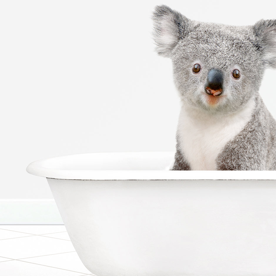 a stuffed koala sitting in a bathtub