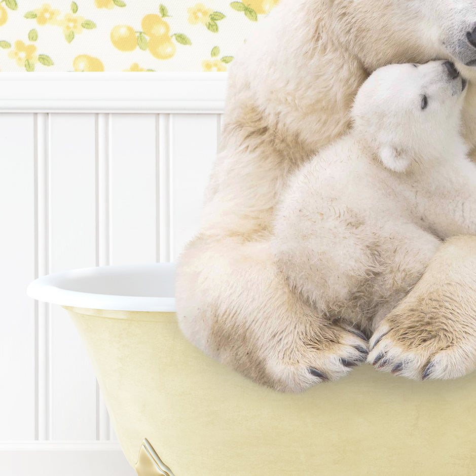 a mother polar bear holding her cub in a bathtub