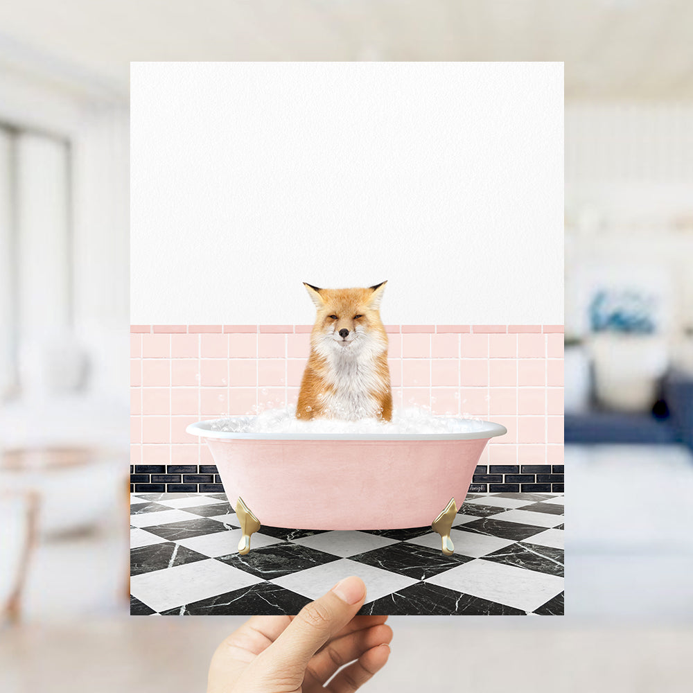 a person holding up a photo of a dog in a bathtub