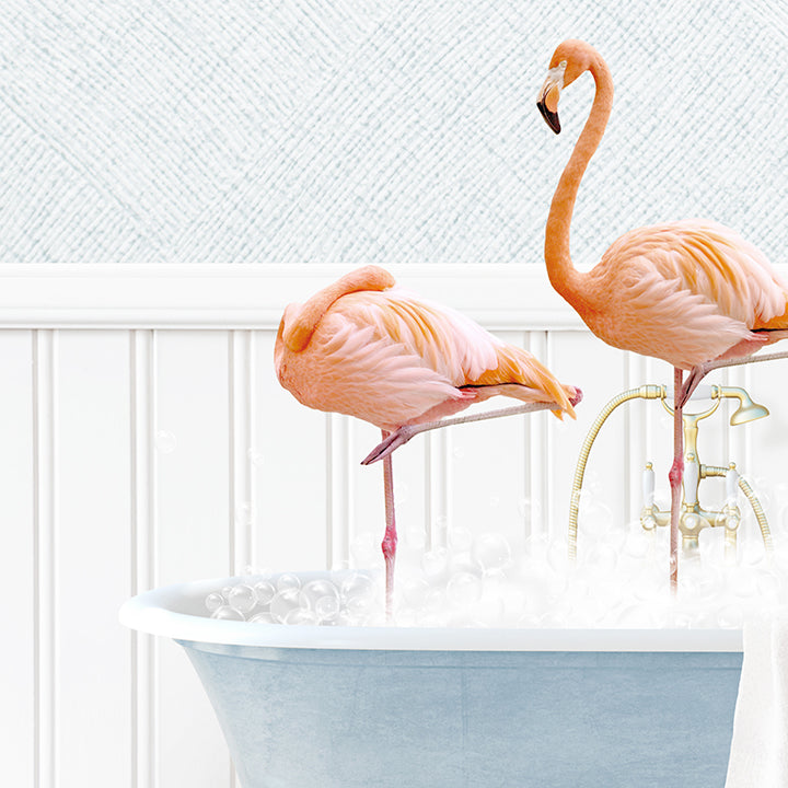 Three Flamingos in Cottage Blue Bath