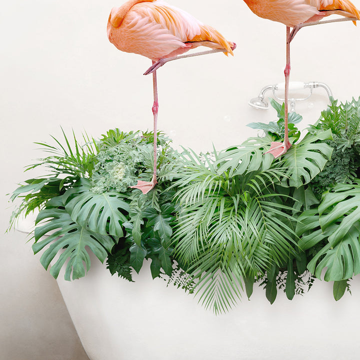 Three Flamingos with Tropical Leaves in Rustic Bath